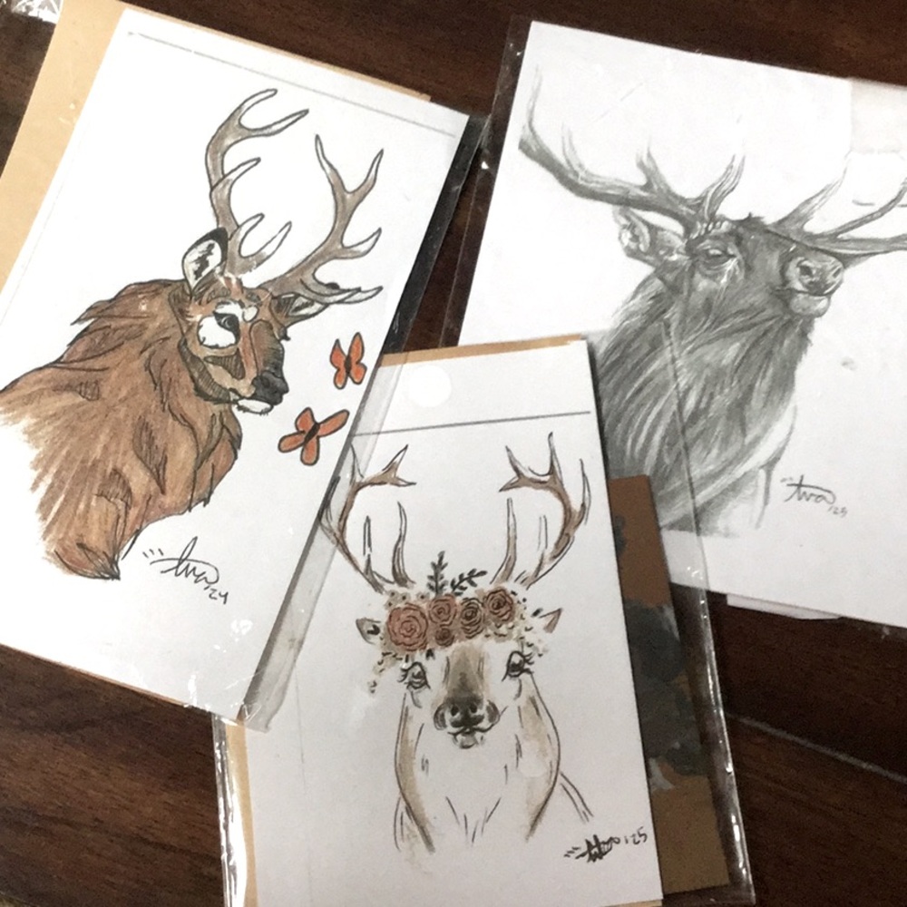 Artisan woodland elk prints small floral botanical pencil/ink drawings🦋🌿🦌
